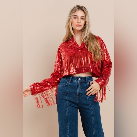 ✨ Women’s Red Cropped Sequin Fringe Jacket – Festival, Concert, Rodeo ✨ - Picture 6 of 11